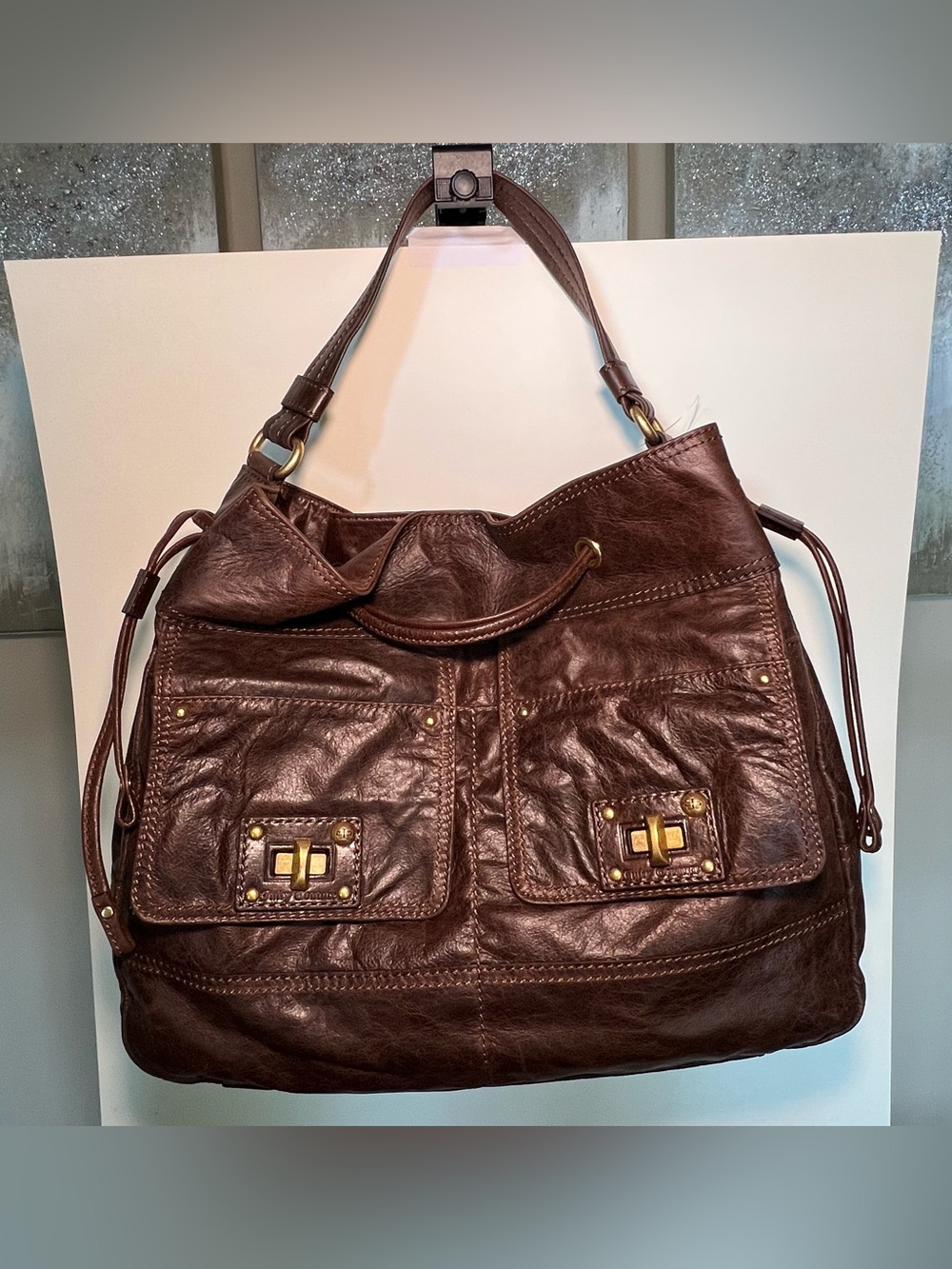 VNTG Juicy Couture Brown Leather Shoulder Hobo Bag Gold Hardware Drawstring Y2K